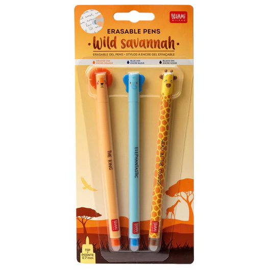 Legami Savannah Erasable Gel Pen Set - Elephant, Giraffe & Lion